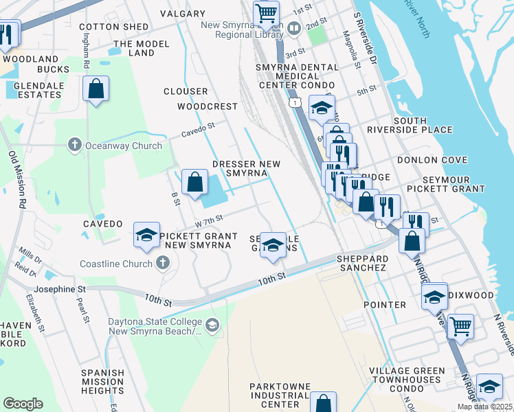 map of restaurants, bars, coffee shops, grocery stores, and more near 1200 South Myrtle Avenue in New Smyrna Beach
