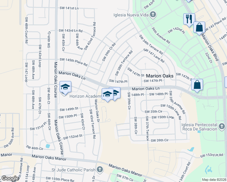 map of restaurants, bars, coffee shops, grocery stores, and more near 172 Marion Oaks Lane in Ocala