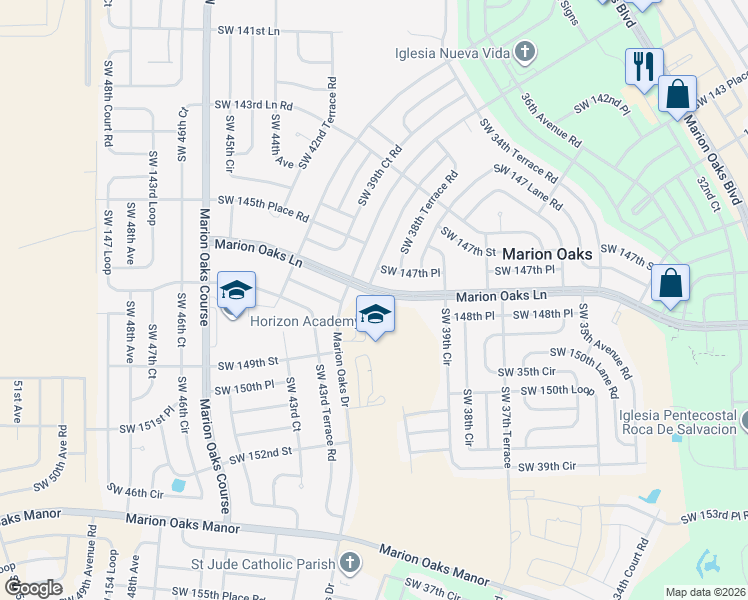 map of restaurants, bars, coffee shops, grocery stores, and more near 165 Marion Oaks Lane in Ocala