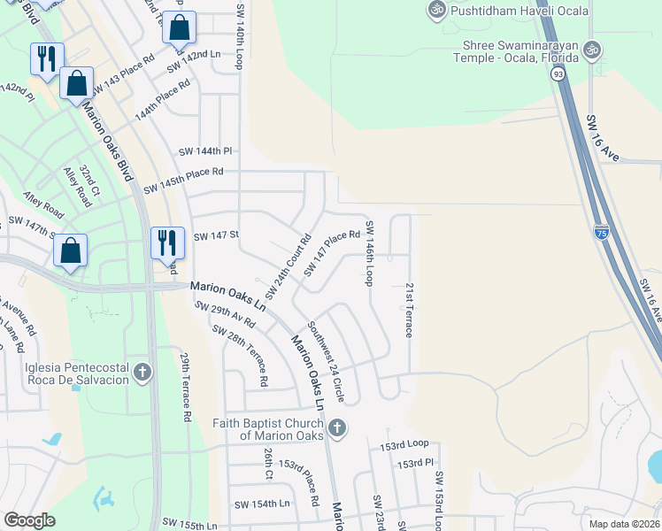 map of restaurants, bars, coffee shops, grocery stores, and more near 2452 Southwest 147 Place Road in Ocala