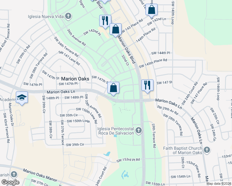 map of restaurants, bars, coffee shops, grocery stores, and more near 148th Place Rd in Ocala