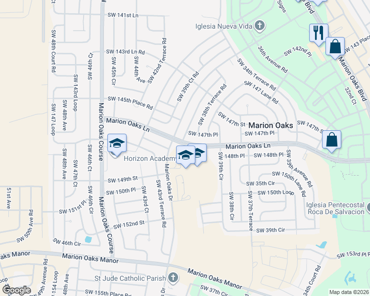 map of restaurants, bars, coffee shops, grocery stores, and more near 165 Marion Oaks Lane in Ocala