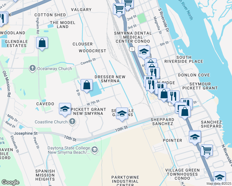 map of restaurants, bars, coffee shops, grocery stores, and more near 1045 South Myrtle Avenue in New Smyrna Beach