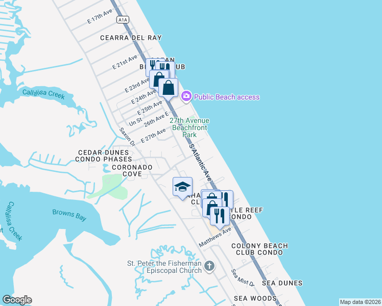 map of restaurants, bars, coffee shops, grocery stores, and more near 3722 South Atlantic Avenue in New Smyrna Beach