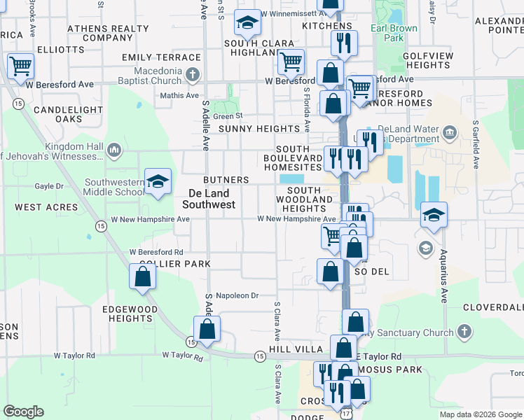 map of restaurants, bars, coffee shops, grocery stores, and more near 1250 South Clara Avenue in DeLand