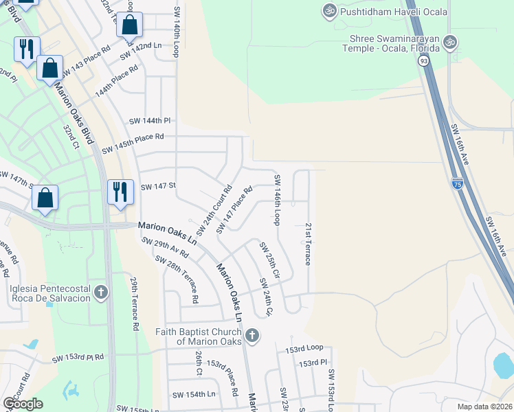 map of restaurants, bars, coffee shops, grocery stores, and more near 2452 Southwest 147 Place Road in Ocala
