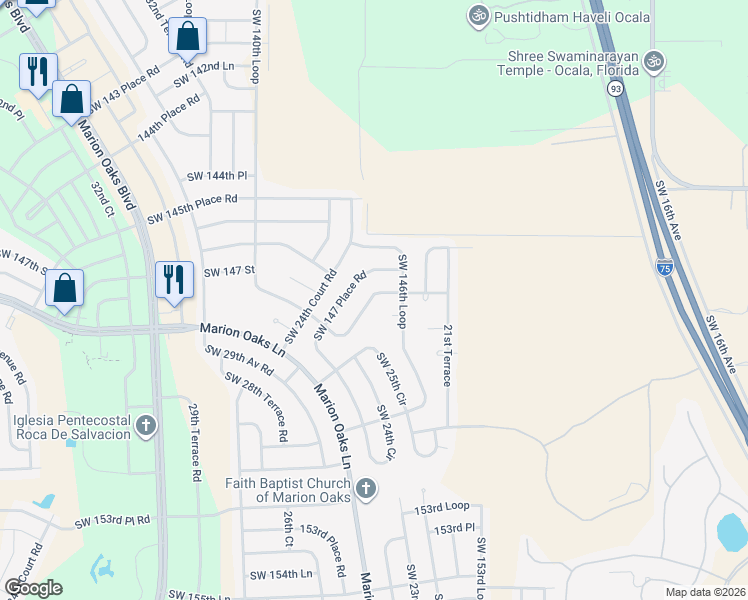 map of restaurants, bars, coffee shops, grocery stores, and more near 2452 Southwest 147 Place Road in Ocala