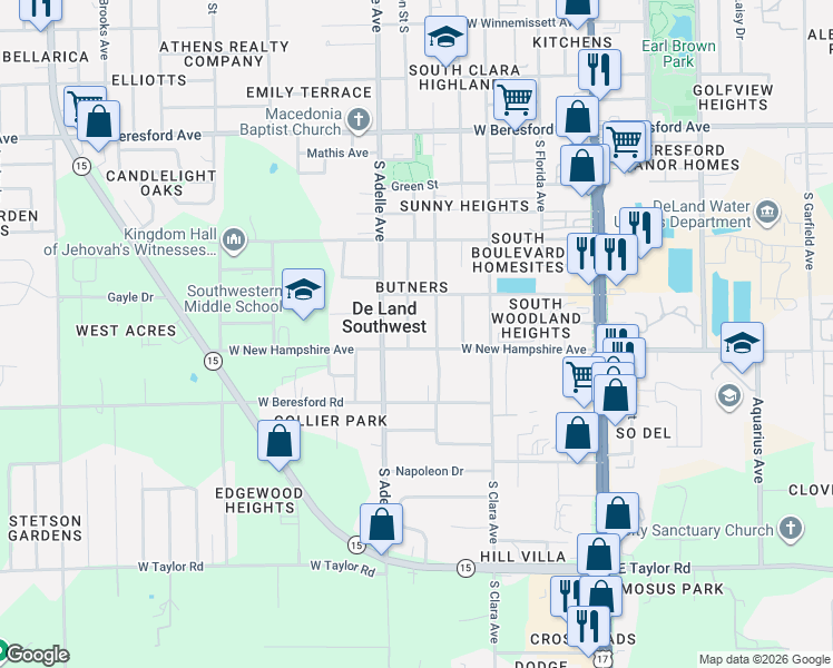 map of restaurants, bars, coffee shops, grocery stores, and more near in De Land Southwest