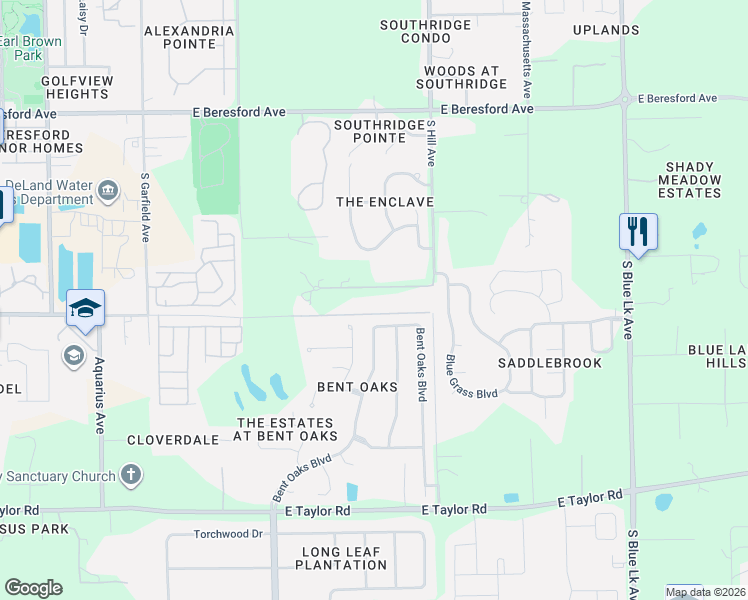 map of restaurants, bars, coffee shops, grocery stores, and more near 1010 Geryl Way in DeLand