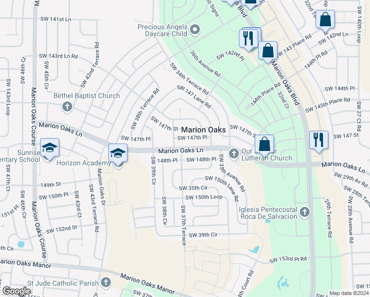 map of restaurants, bars, coffee shops, grocery stores, and more near 215 Marion Oaks Lane in Ocala