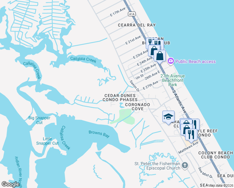 map of restaurants, bars, coffee shops, grocery stores, and more near 98 Cedar Dunes Drive in New Smyrna Beach