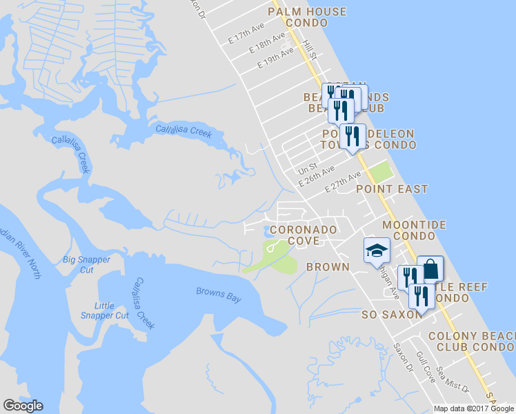 map of restaurants, bars, coffee shops, grocery stores, and more near 98 Cedar Dunes Drive in New Smyrna Beach