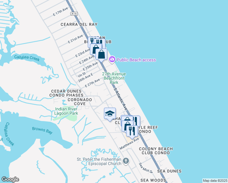 map of restaurants, bars, coffee shops, grocery stores, and more near 3722 South Atlantic Avenue in New Smyrna Beach