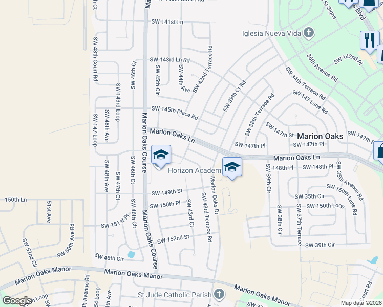 map of restaurants, bars, coffee shops, grocery stores, and more near 4354 Southwest 148th Street in Ocala