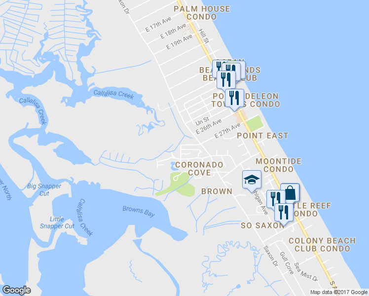 map of restaurants, bars, coffee shops, grocery stores, and more near 50 Cedar Dunes Drive in New Smyrna Beach