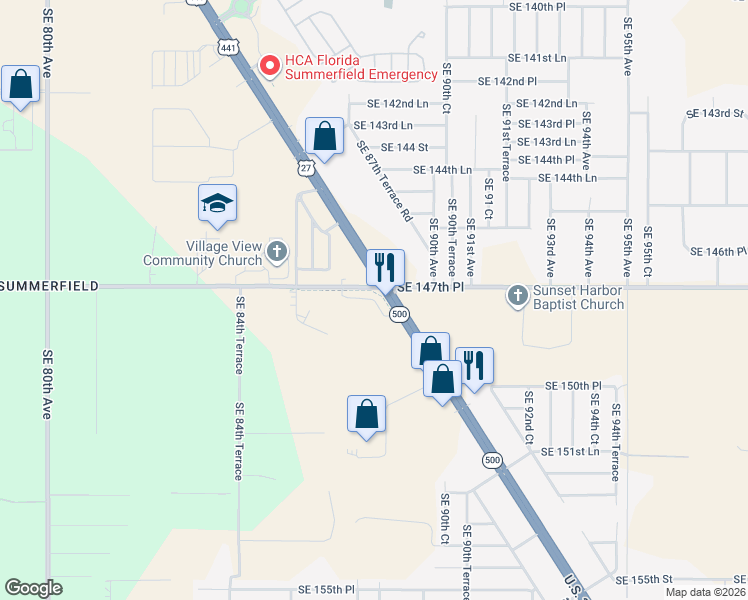 map of restaurants, bars, coffee shops, grocery stores, and more near 14870 U.S. 441 in Summerfield