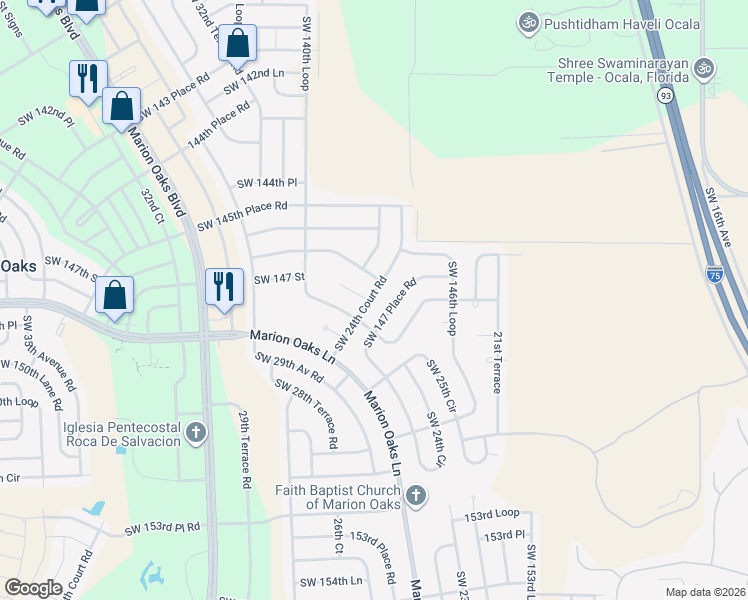 map of restaurants, bars, coffee shops, grocery stores, and more near 14739 Southwest 24th Court Road in Ocala