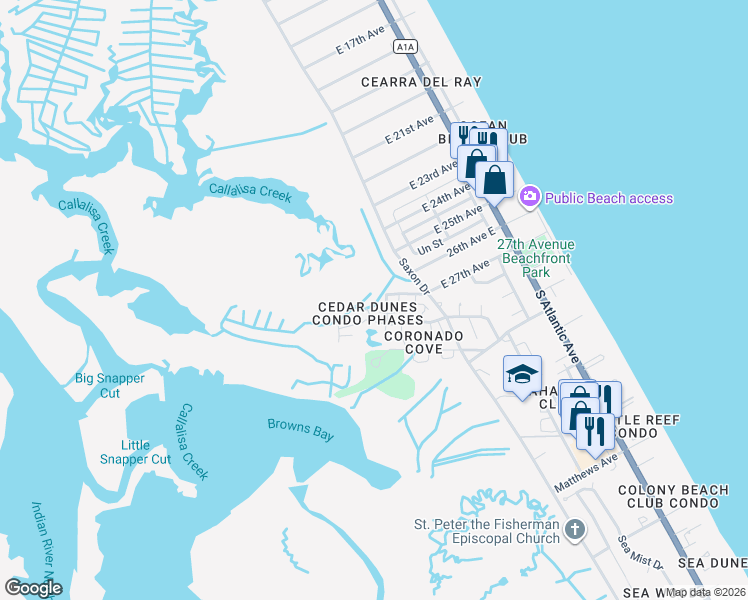 map of restaurants, bars, coffee shops, grocery stores, and more near 98 Cedar Dunes Drive in New Smyrna Beach