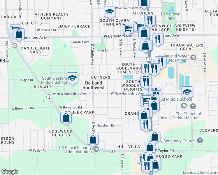 map of restaurants, bars, coffee shops, grocery stores, and more near 1215 South Delaware Avenue in DeLand