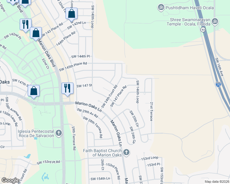 map of restaurants, bars, coffee shops, grocery stores, and more near 14739 Southwest 24th Court Road in Ocala