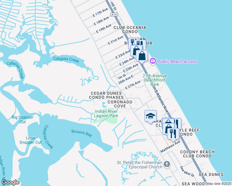 map of restaurants, bars, coffee shops, grocery stores, and more near 50 Cedar Dunes Drive in New Smyrna Beach