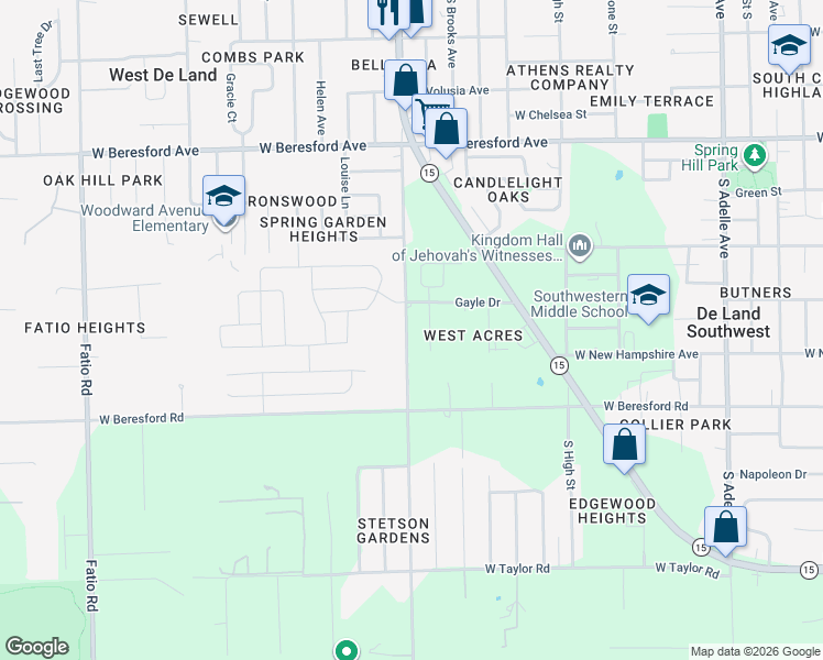 map of restaurants, bars, coffee shops, grocery stores, and more near 1245 South Spring Garden Avenue in DeLand
