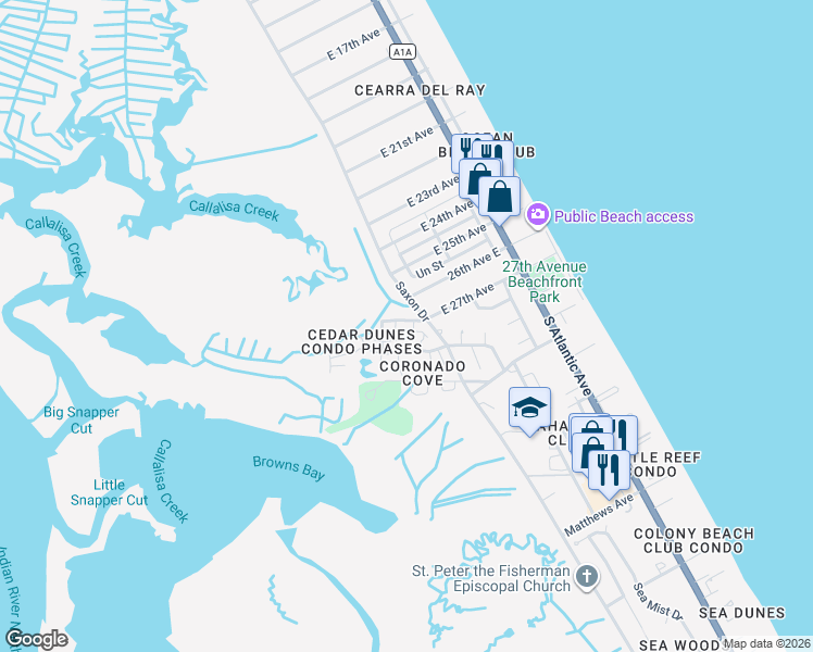 map of restaurants, bars, coffee shops, grocery stores, and more near 50 Cedar Dunes Drive in New Smyrna Beach