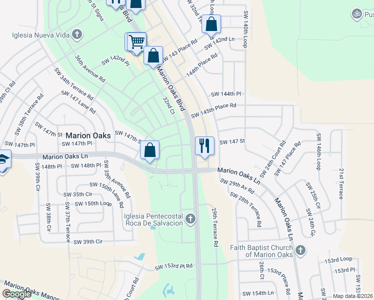 map of restaurants, bars, coffee shops, grocery stores, and more near 254 Marion Oaks Boulevard in Ocala