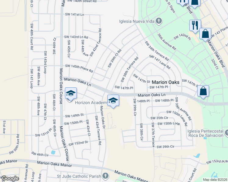 map of restaurants, bars, coffee shops, grocery stores, and more near 165 Marion Oaks Lane in Ocala