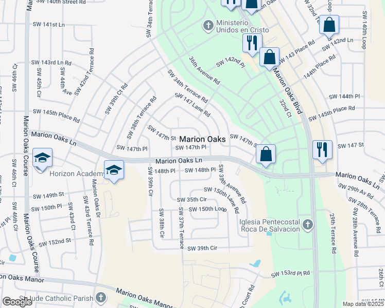 map of restaurants, bars, coffee shops, grocery stores, and more near 223 Marion Oaks Lane in Ocala