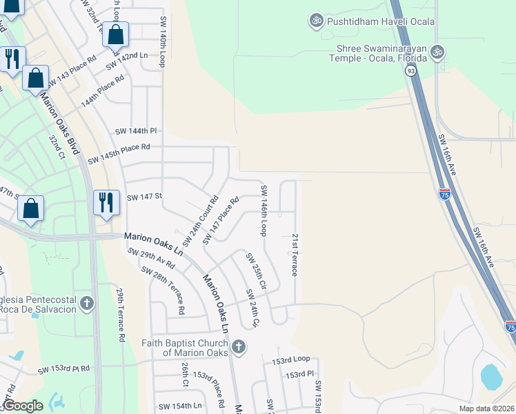 map of restaurants, bars, coffee shops, grocery stores, and more near 2354 Southwest 147th Lane Road in Ocala