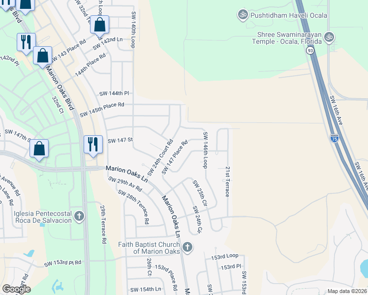 map of restaurants, bars, coffee shops, grocery stores, and more near 2452 Southwest 147 Place Road in Ocala