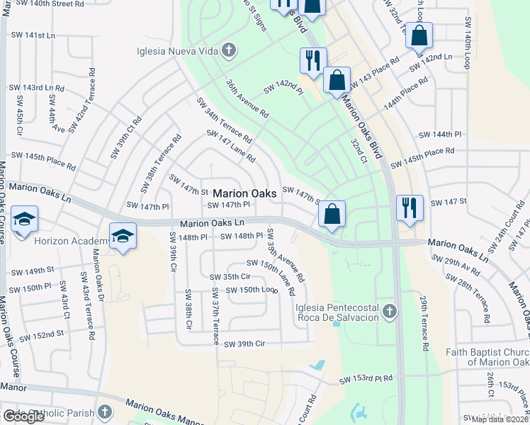 map of restaurants, bars, coffee shops, grocery stores, and more near 241 Marion Oaks Lane in Ocala