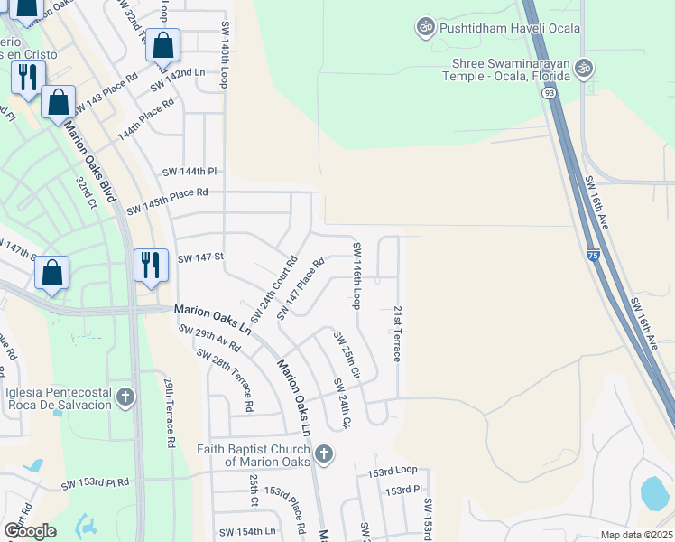 map of restaurants, bars, coffee shops, grocery stores, and more near 2354 Southwest 147th Lane Road in Ocala