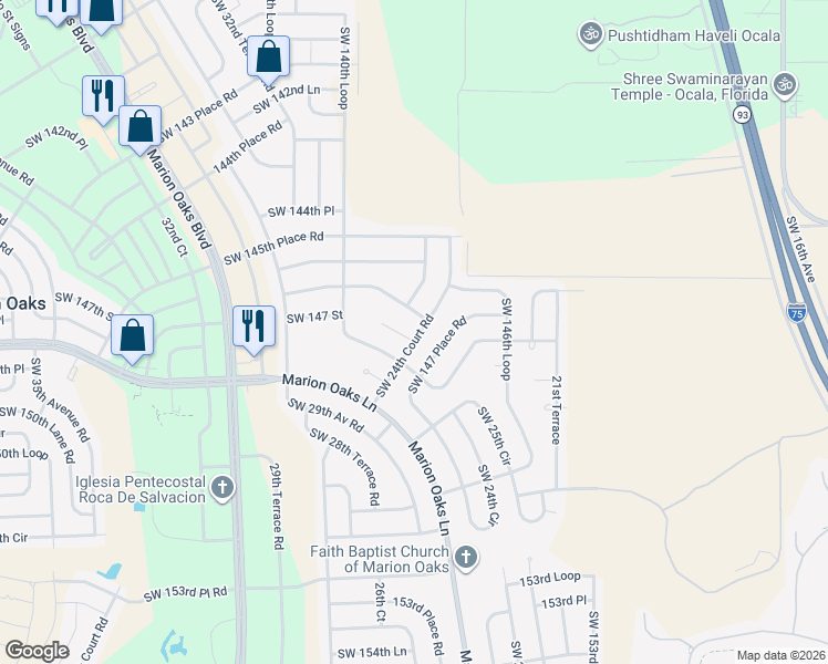 map of restaurants, bars, coffee shops, grocery stores, and more near 14739 Southwest 24th Court Road in Ocala