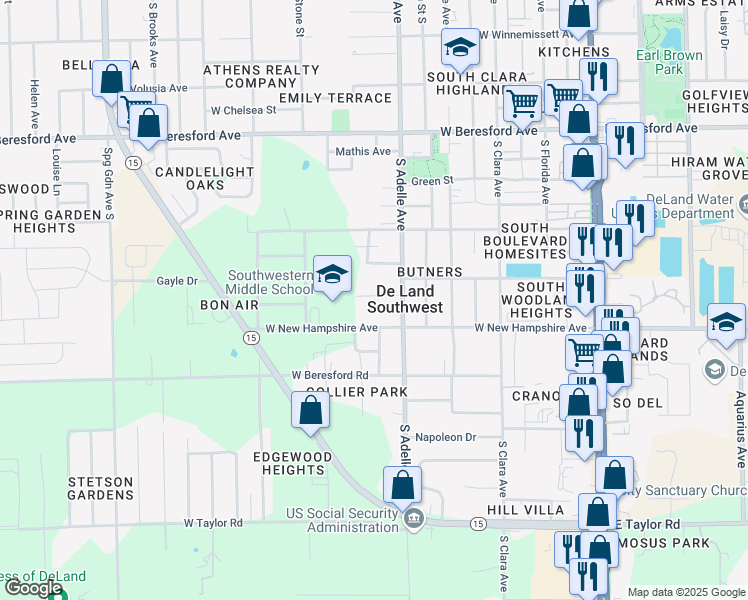 map of restaurants, bars, coffee shops, grocery stores, and more near 12 Lenox Court in DeLand