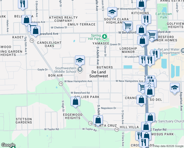 map of restaurants, bars, coffee shops, grocery stores, and more near 8 Lenox Court in DeLand