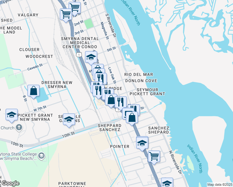 map of restaurants, bars, coffee shops, grocery stores, and more near 1510 Live Oak Street in New Smyrna Beach