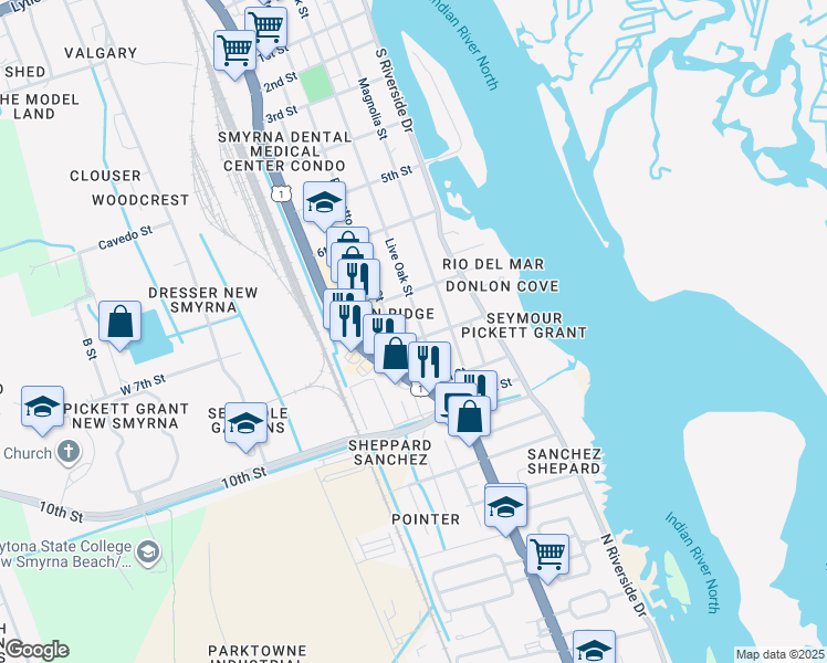 map of restaurants, bars, coffee shops, grocery stores, and more near 1510 Live Oak Street in New Smyrna Beach