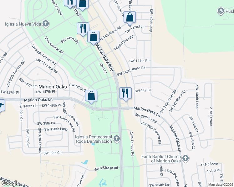 map of restaurants, bars, coffee shops, grocery stores, and more near 254 Marion Oaks Boulevard in Ocala