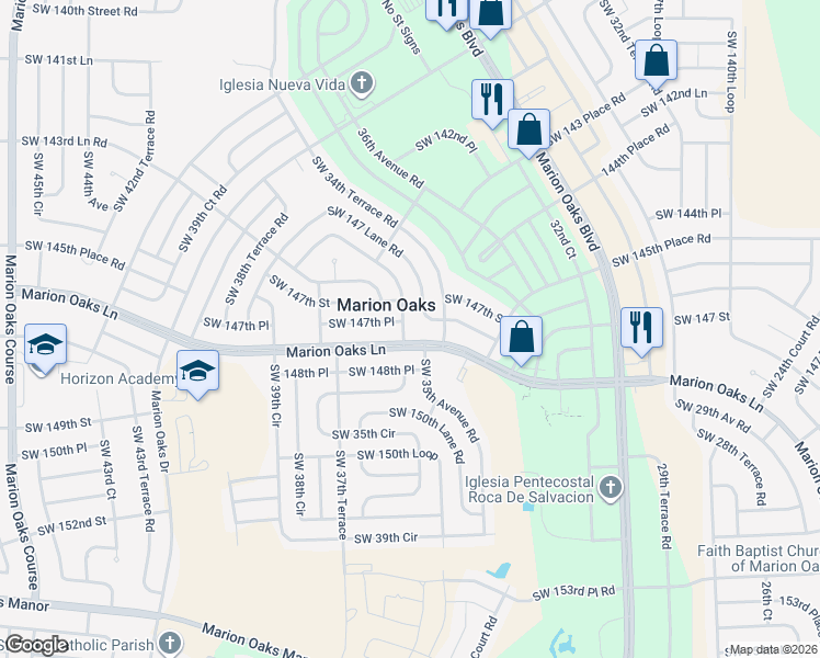 map of restaurants, bars, coffee shops, grocery stores, and more near 241 Marion Oaks Lane in Ocala