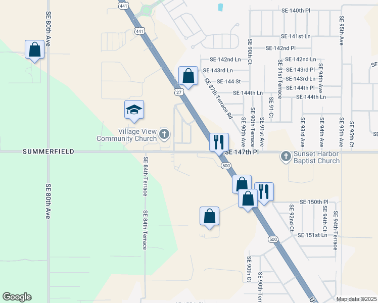 map of restaurants, bars, coffee shops, grocery stores, and more near 8445 Southeast Sunset Harbor Road in Summerfield