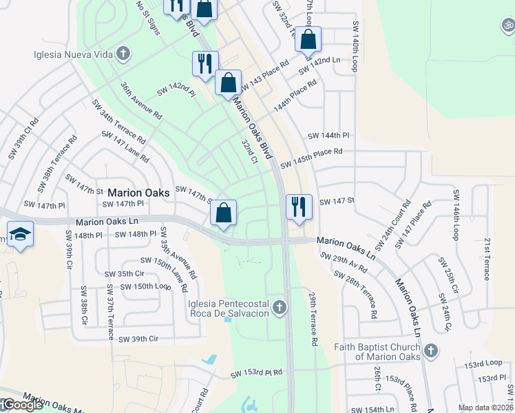 map of restaurants, bars, coffee shops, grocery stores, and more near 148th Place Road in Ocala