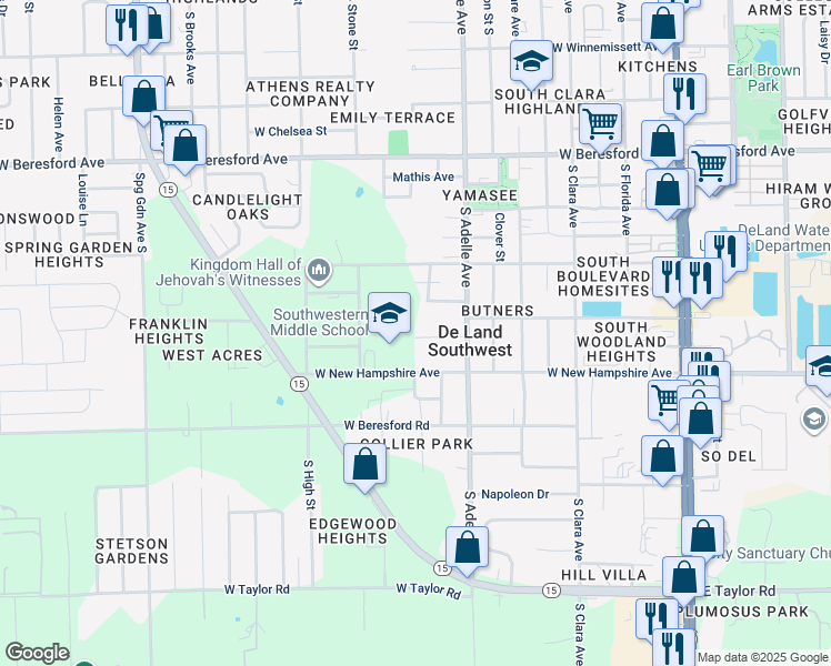 map of restaurants, bars, coffee shops, grocery stores, and more near 19 Lenox Court in DeLand