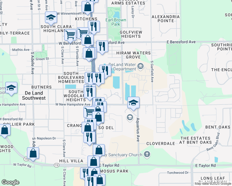map of restaurants, bars, coffee shops, grocery stores, and more near 101 East New Hampshire Avenue in DeLand