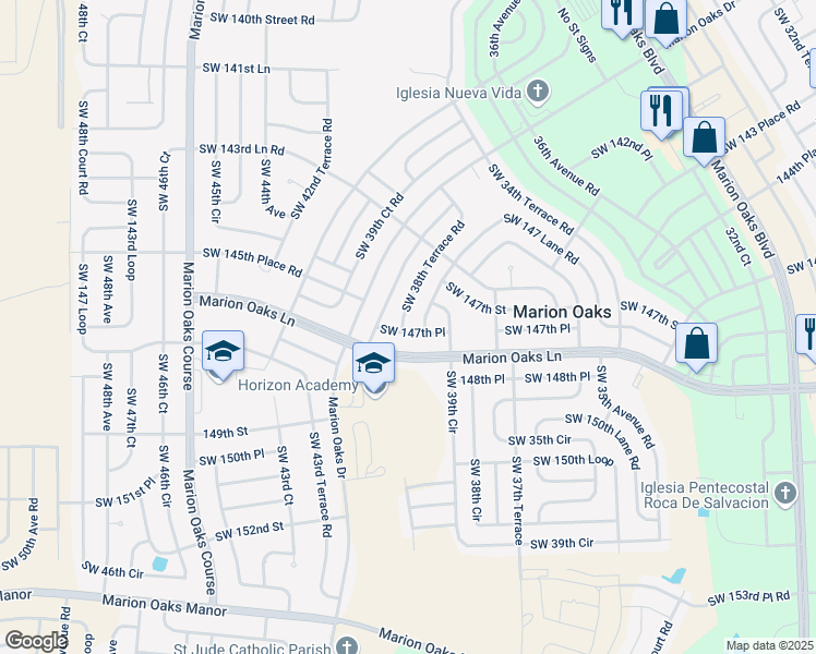 map of restaurants, bars, coffee shops, grocery stores, and more near 14694 Southwest 38th Terrace Road in Ocala
