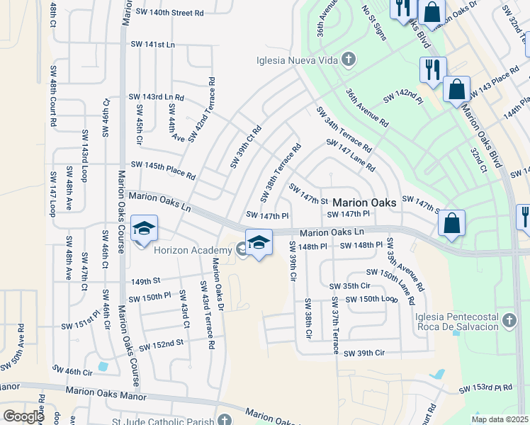 map of restaurants, bars, coffee shops, grocery stores, and more near 14694 Southwest 38th Terrace Road in Ocala