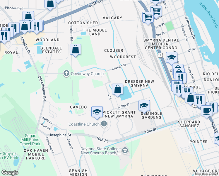 map of restaurants, bars, coffee shops, grocery stores, and more near 847 Stacy Lane in New Smyrna Beach