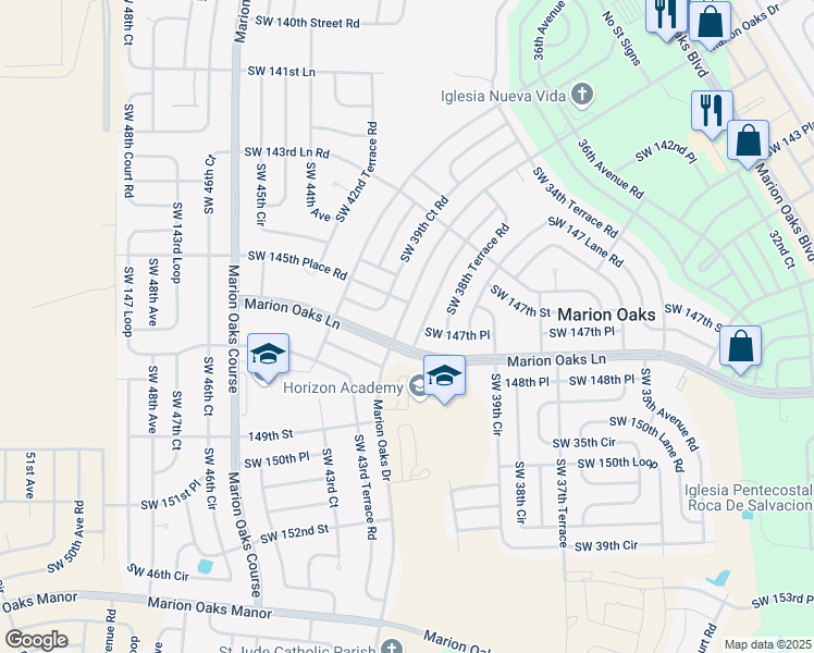 map of restaurants, bars, coffee shops, grocery stores, and more near 325 Marion Oaks Drive in Ocala