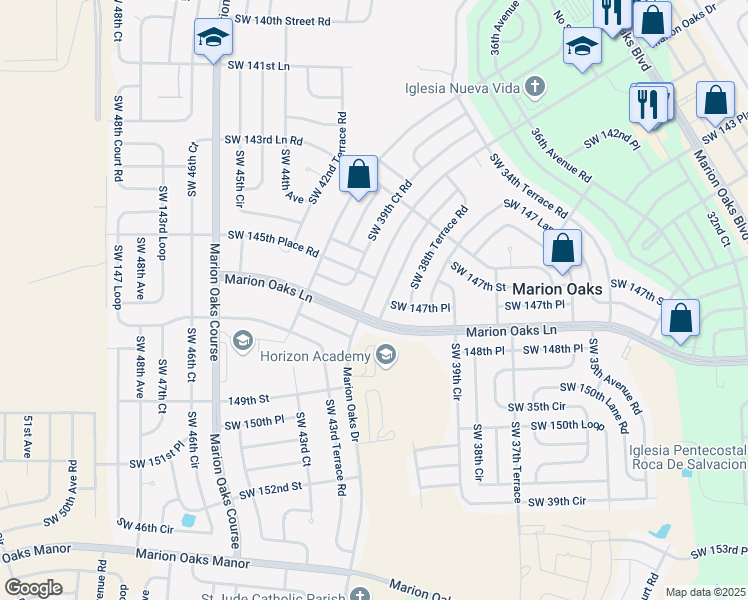 map of restaurants, bars, coffee shops, grocery stores, and more near 325 Marion Oaks Drive in Ocala